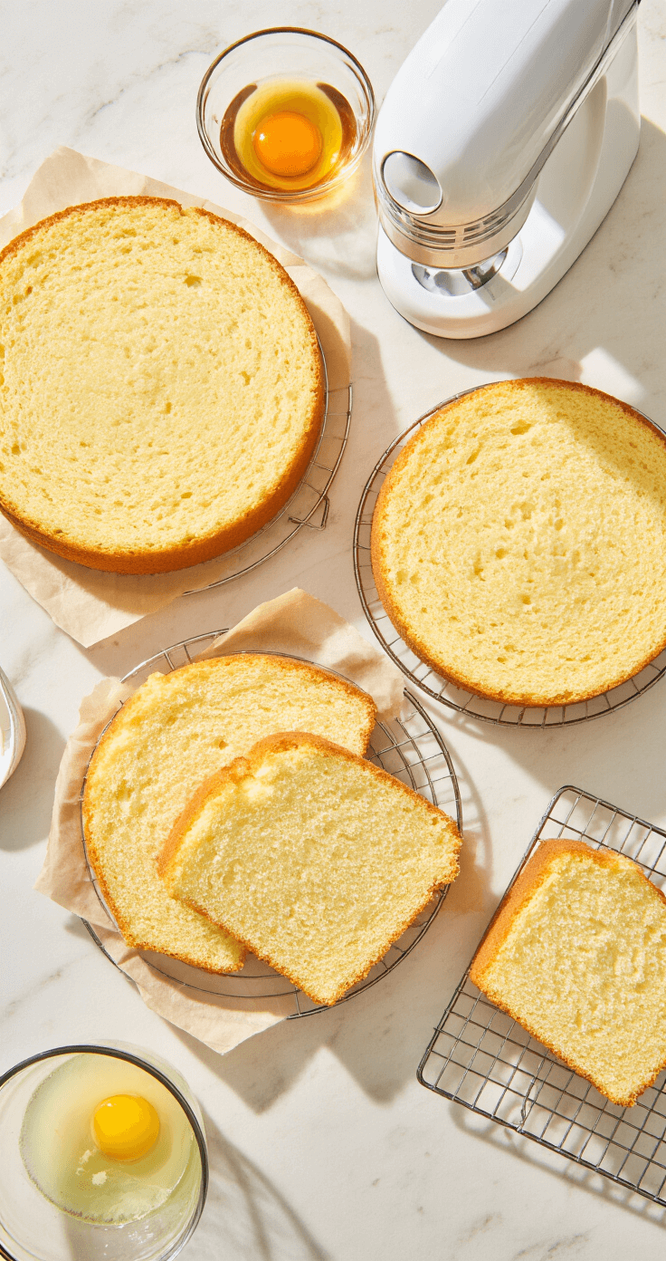 Bubble Tea-Inspired Birthday Cake: The Ultimate Celebration Dessert Elegant overhead view of cooling pale golden chiffon cake layers on wire racks, with parchment paper edges curled and flour dusting illuminated by afternoon sunlight on a marble countertop, featuring an electric mixer and glass bowls of separated egg whites.