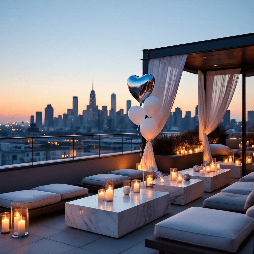 A modern rooftop terrace set for an engagement party, featuring sleek low tables with floor cushions, silver and white balloon displays, and a city skyline backdrop. Soft candlelight creates a warm atmosphere, with metallic foil heart balloons and contemporary ceramics arranged on marble surfaces, framed by sheer drapery flowing in the breeze. The scene embodies a minimalist luxe aesthetic with geometric arrangements, reflecting urban sophistication.