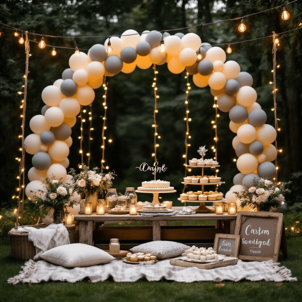 Cozy backyard engagement gathering featuring a picnic-style setup with layered textiles, a cream and grey balloon arch over a dessert cart, string lights casting a magical glow, rustic wood surfaces, mason jar centerpieces, personalized signage, custom party favors, and a tiered cake display, all in an intimate, romantic ambiance.
