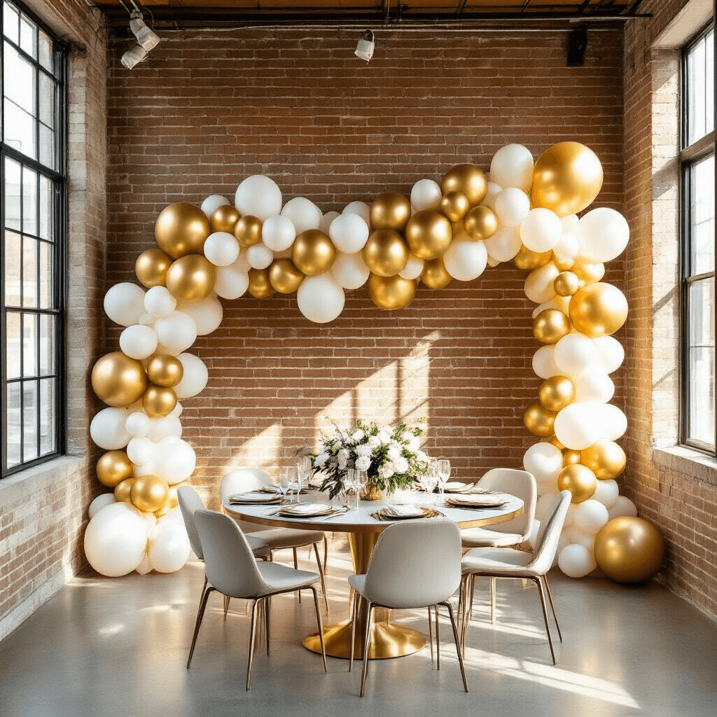A bright, contemporary apartment set for an engagement party, featuring a gold and ivory balloon garland along an exposed brick wall, a modern round dining table with fresh white florals and elegant place settings, sleek geometric decor, and an urban chic atmosphere enhanced by natural light streaming through large windows.