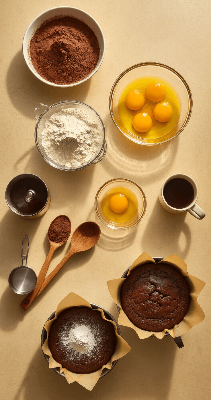Overhead view of a warm, inviting kitchen countertop with bowls of cocoa powder and flour, a glass bowl of whisked eggs, a mug of steaming coffee, a vintage stand mixer, parchment-lined cake pans, and scattered rustic wooden utensils, all bathed in golden light.