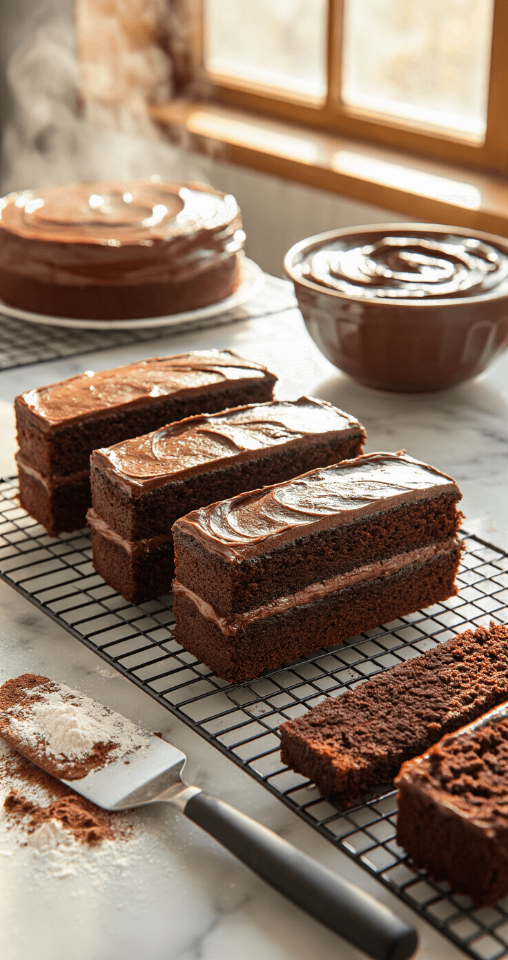Dramatic side-angle view of cooling chocolate fudge cake layers with steam rising, golden light illuminating the scene, offset spatula and bowl of frosting nearby, powdered sugar dust on marble countertop, rich brown and copper tones.