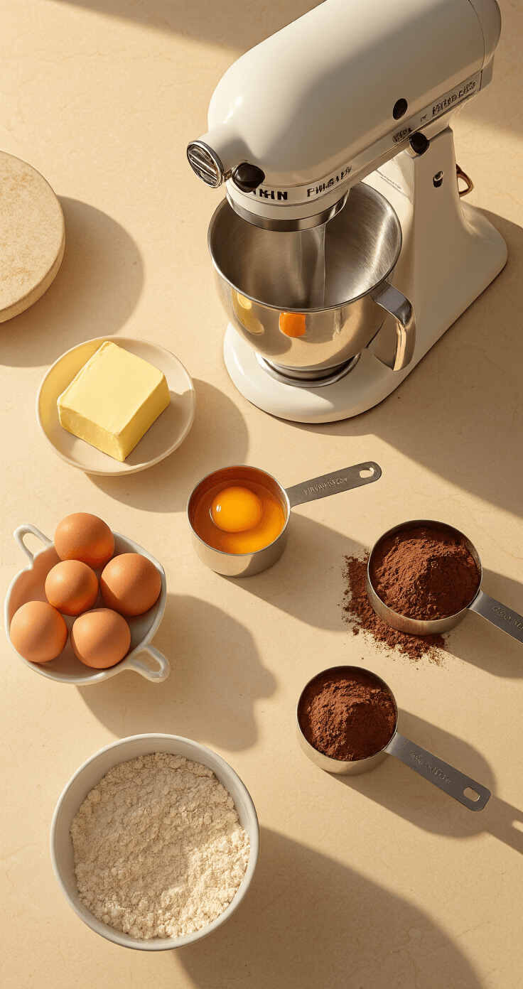 Cinematic overhead shot of a pristine kitchen workspace illuminated by warm golden light, showcasing neatly arranged baking ingredients like cream-colored butter, farm-fresh eggs, cocoa powder in measuring cups, and a vintage stand mixer, evoking an atmosphere of culinary anticipation and precision.