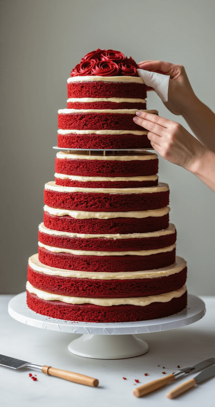 A side view of skilled hands assembling red velvet cake layers on a turntable, with cream cheese frosting and dowel rods for support, showcasing the artistry of wedding cake construction.