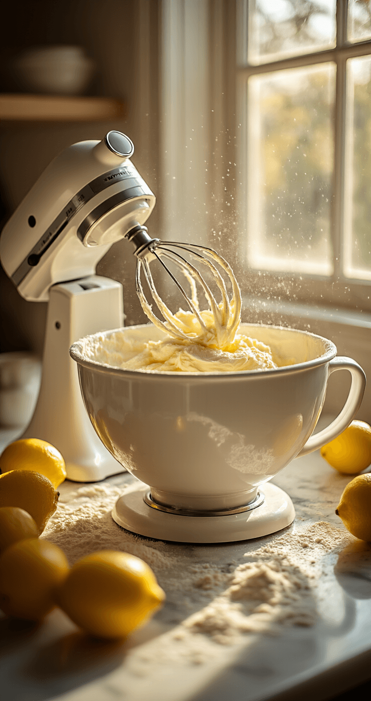 Cinematic close-up of a stand mixer bowl with creamy butter and sugar being whipped, golden sunlight illuminating the fluffy mixture, flour dust on the marble countertop, fresh lemons nearby, and warm ambient kitchen lighting creating soft shadows.