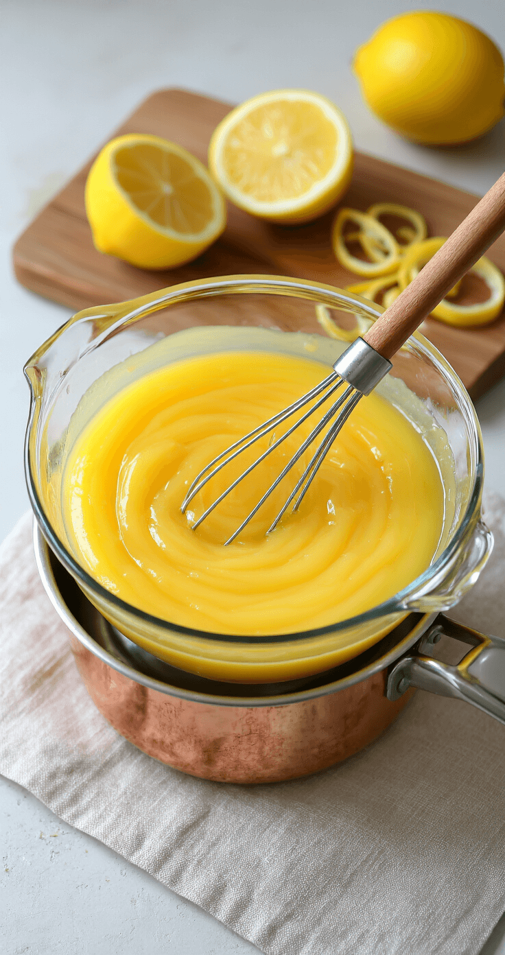 Intimate overhead shot of glossy golden lemon curd being whisked in a glass bowl over simmering water, with steam rising and a wooden spoon creating silky ribbons, surrounded by fresh lemon halves and zest curls on a weathered cutting board.