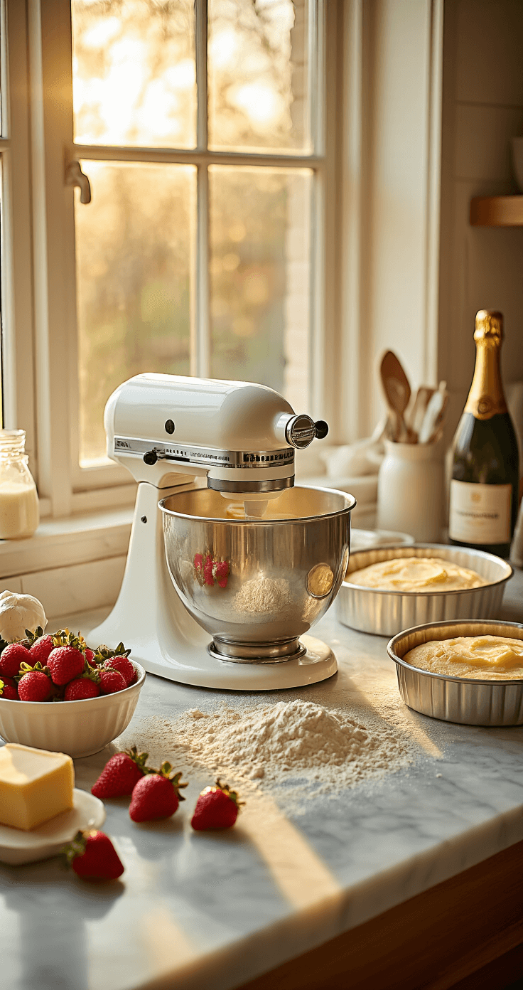 A warm, golden hour kitchen scene featuring a stand mixer with a creamy butter and sugar mixture, flour dust scattered on a marble countertop, fresh strawberries, a champagne bottle, and parchment-lined cake pans, all arranged in an inviting baking setup.
