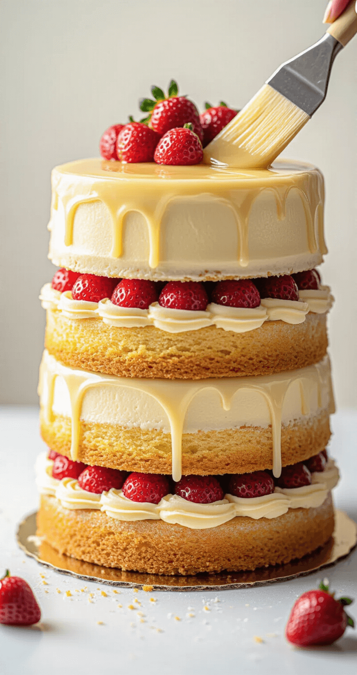 Intimate close-up of an elegant cake assembly featuring golden layers brushed with champagne syrup, ivory white chocolate ganache, and vibrant strawberry filling, with an offset spatula poised mid-motion on a pristine work surface.