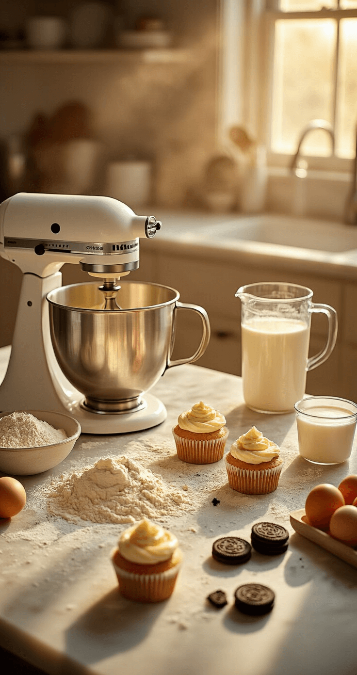A cozy kitchen scene featuring a marble countertop with baking essentials, including a stand mixer with butter-sugar mixture, scattered Oreo cookies mixed into vanilla batter, flour dust sprinkled on the surface, measuring cups of buttermilk, and cracked eggshells, all illuminated by warm golden lighting.