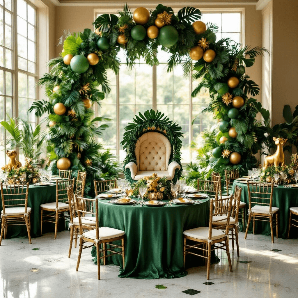 A lavish indoor ballroom transformed into a jungle-themed birthday party, featuring round tables with emerald silk linens and tall tropical centerpieces, a balloon arch overhead, and light streaming through windows illuminating safari-themed decor on marble floors.