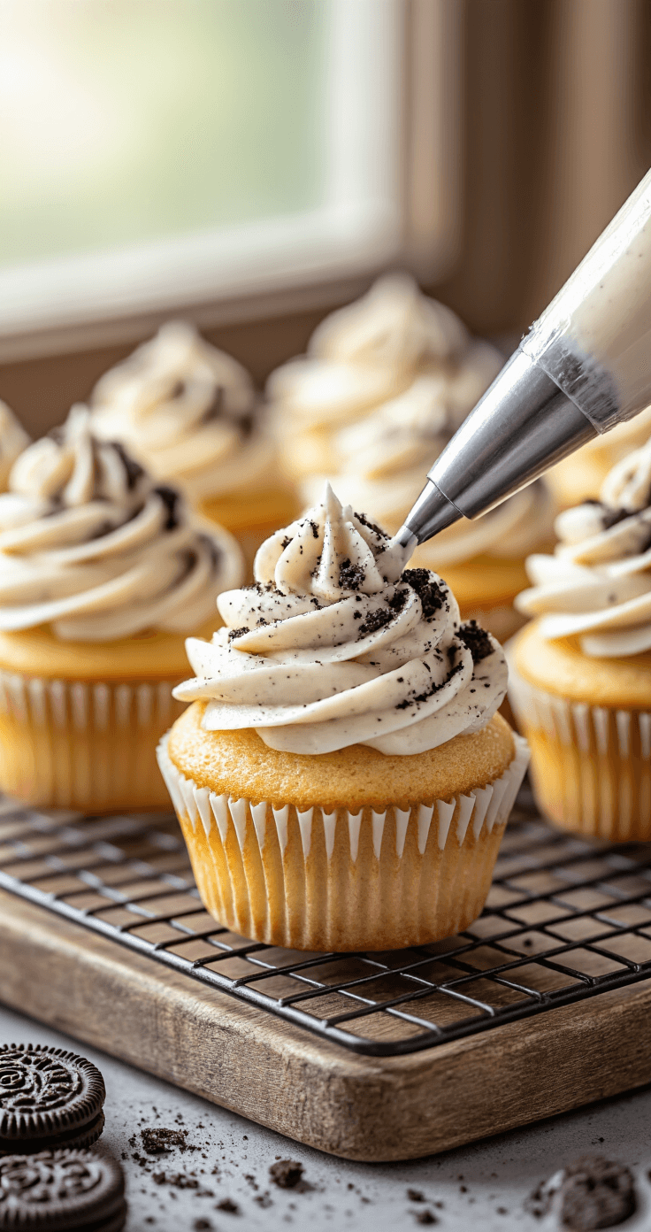 Close-up of elegantly frosted golden cupcakes with Oreo-speckled frosting on a rustic wooden rack, illuminated by soft natural light, adorned with crushed cookie pieces for an inviting dessert presentation.