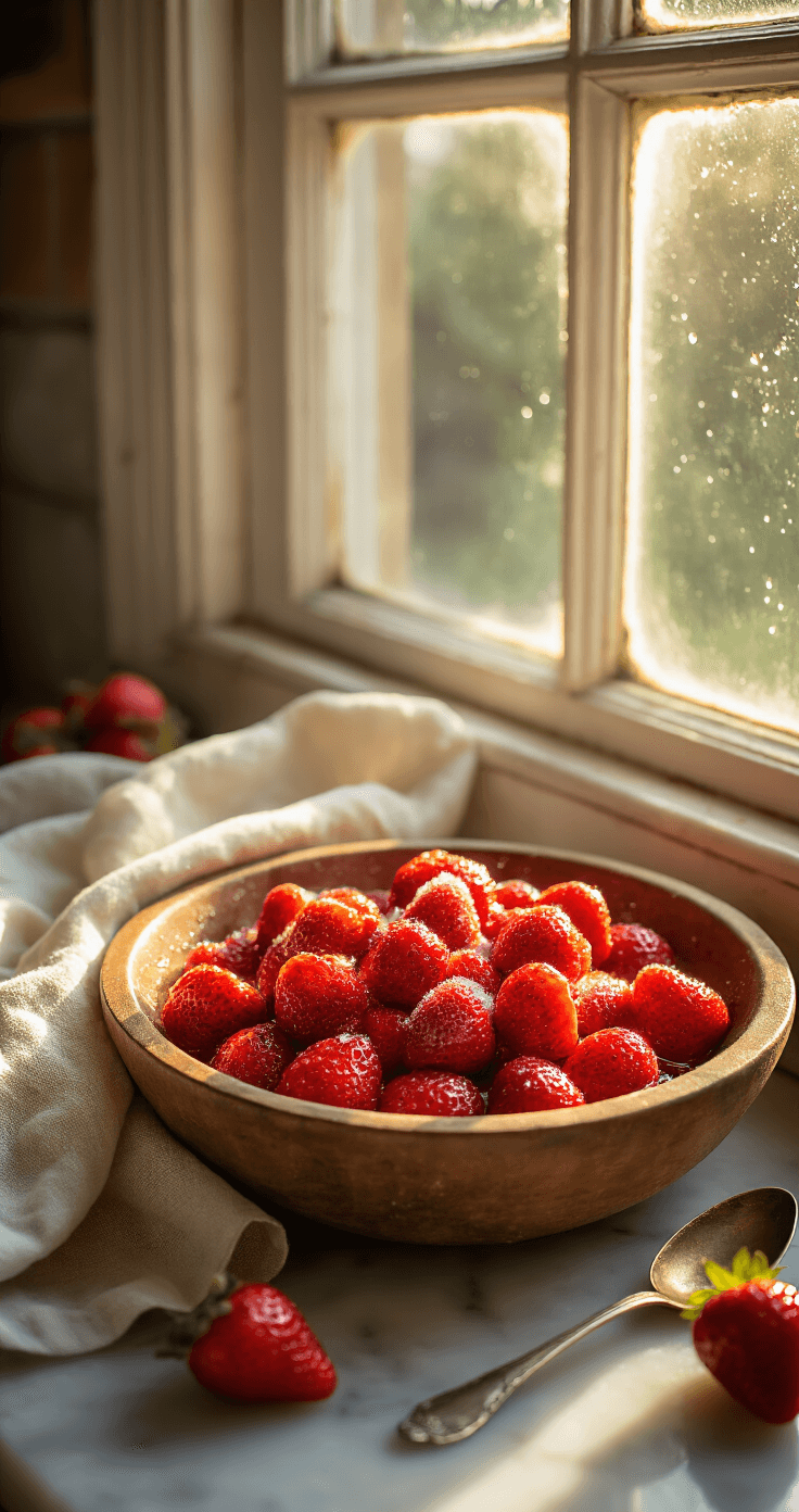 Golden hour sunlight illuminates vibrant red strawberries coated in sugar crystals within a rustic wooden bowl, with droplets of lemon juice sparkling and a glossy syrup forming. A vintage linen towel and an antique spoon enhance the warm, inviting farm kitchen aesthetic against the backdrop of a marble countertop.