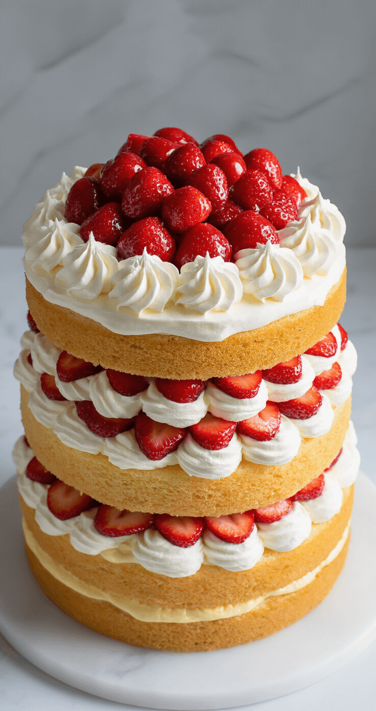 Dramatic overhead view of a multi-layer cake assembly with fluffy vanilla sponge layers, whipped cream peaks, and glossy macerated strawberries on a white marble surface.