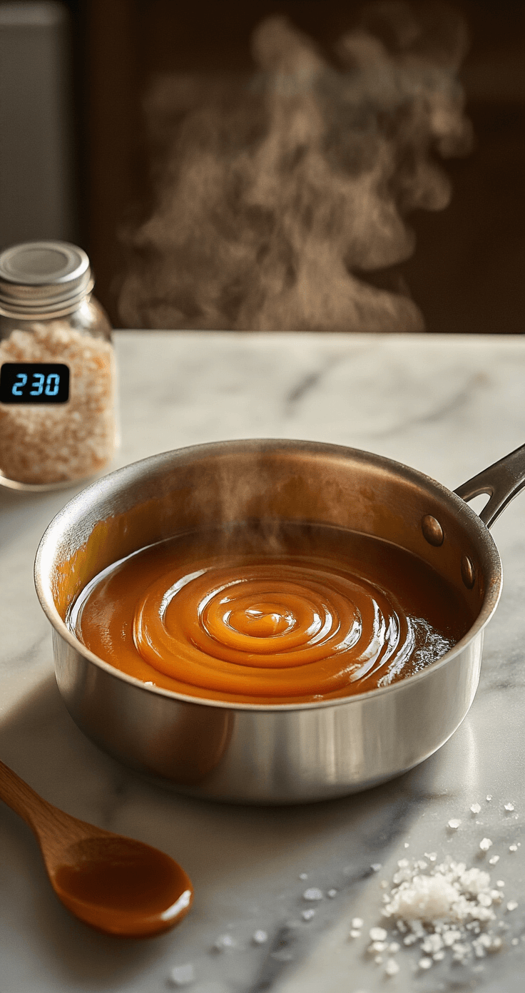 Close-up of bubbling amber caramel in a heavy-bottomed saucepan, with steam rising, warm kitchen lighting, a wooden spoon nearby, Maldon sea salt crystals on a marble countertop, and a digital thermometer reading 230°F.