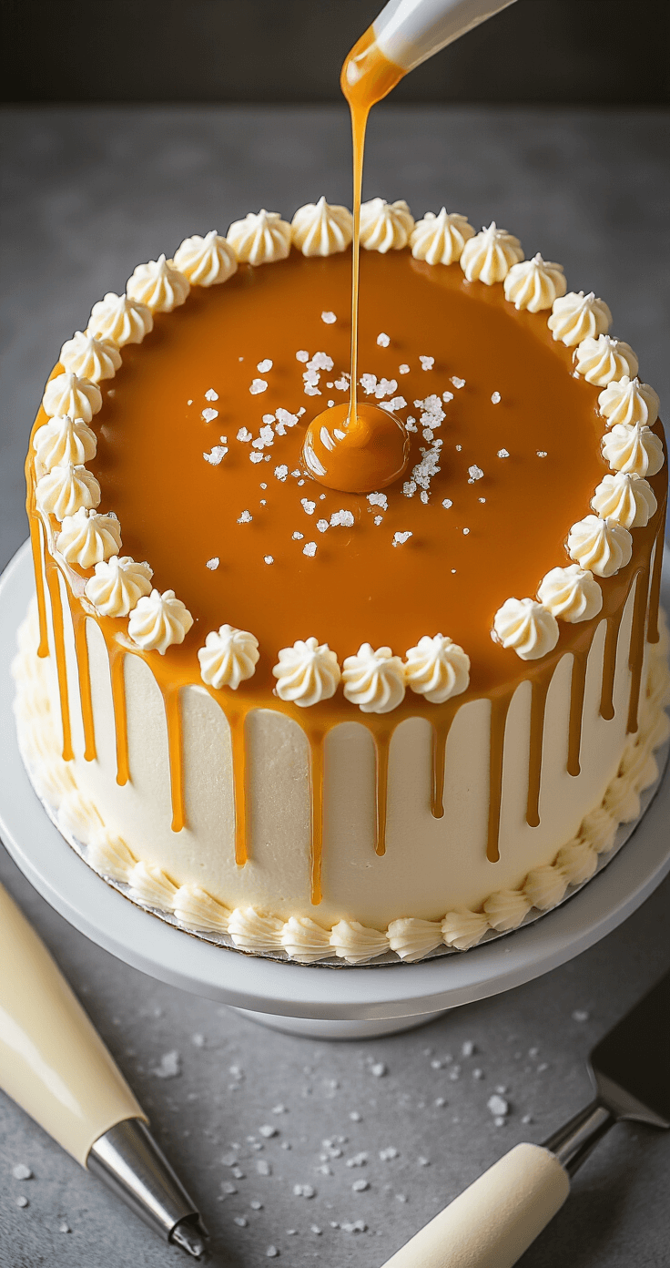 Overhead view of a pristine white buttercream cake on an elegant stand, drizzled with golden caramel sauce and topped with sea salt flakes, with a piping bag and spatula nearby, captured in soft studio lighting.