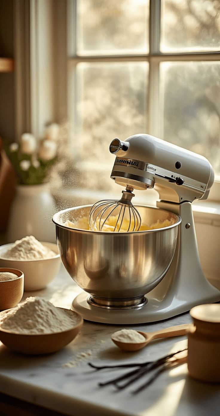 A stand mixer bowl filled with golden creamed butter and sugar, surrounded by flour, split vanilla beans, and baking tools, illuminated by soft morning sunlight in a cozy kitchen.
