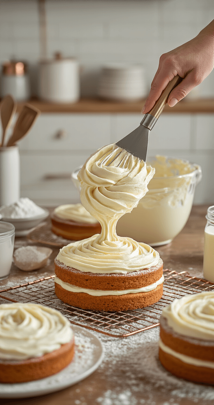 Silky smooth vanilla bean buttercream with black specks in a mixer bowl, accompanied by a poised offset spatula, surrounded by golden cake layers on cooling racks, a dusting of powdered sugar on a white workspace, and warm lighting in an elegant kitchen with copper accents.