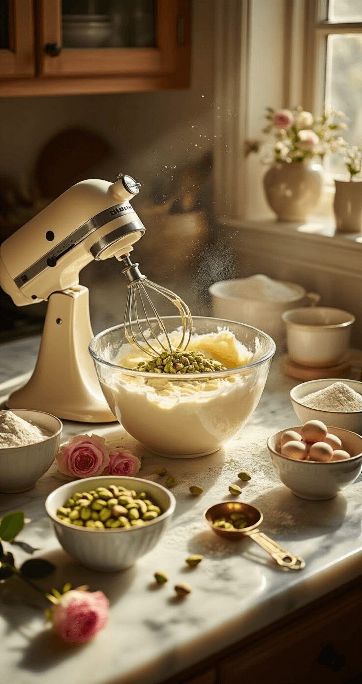 A warm kitchen illuminated by golden afternoon light, featuring a marble countertop with emerald ground pistachios, a bowl of whipped butter and sugar in a stand mixer, delicate rose petals, and flour dust floating in the air, along with vintage measuring spoons and ceramic bowls arranged artistically, creating a cozy domestic scene.