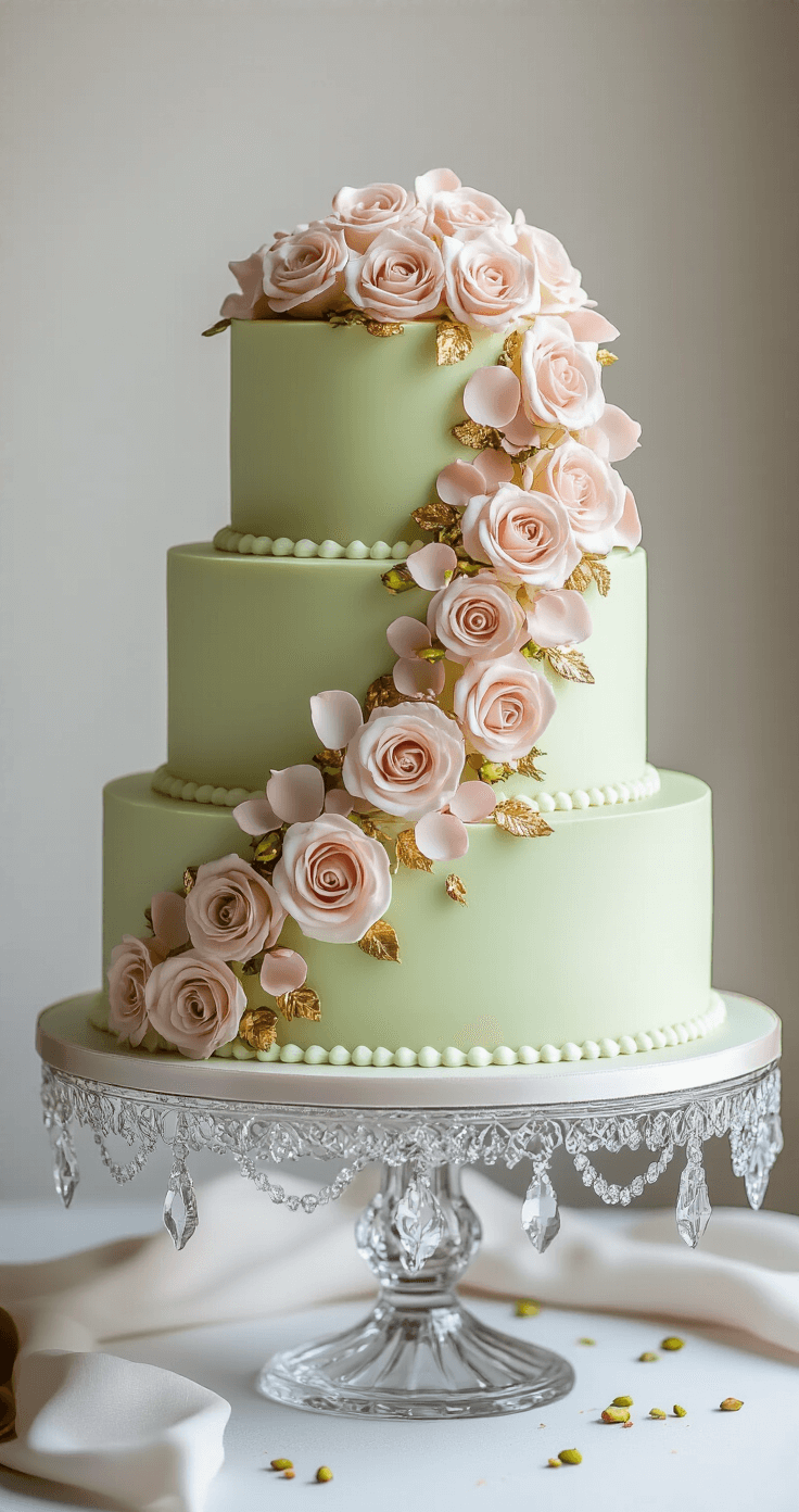 Luxurious three-tier pistachio rose wedding cake with silky buttercream swirls, crystallized rose petals, gold leaf accents, and scattered pistachio crumbs on an ornate crystal stand in a professional bakery setting.