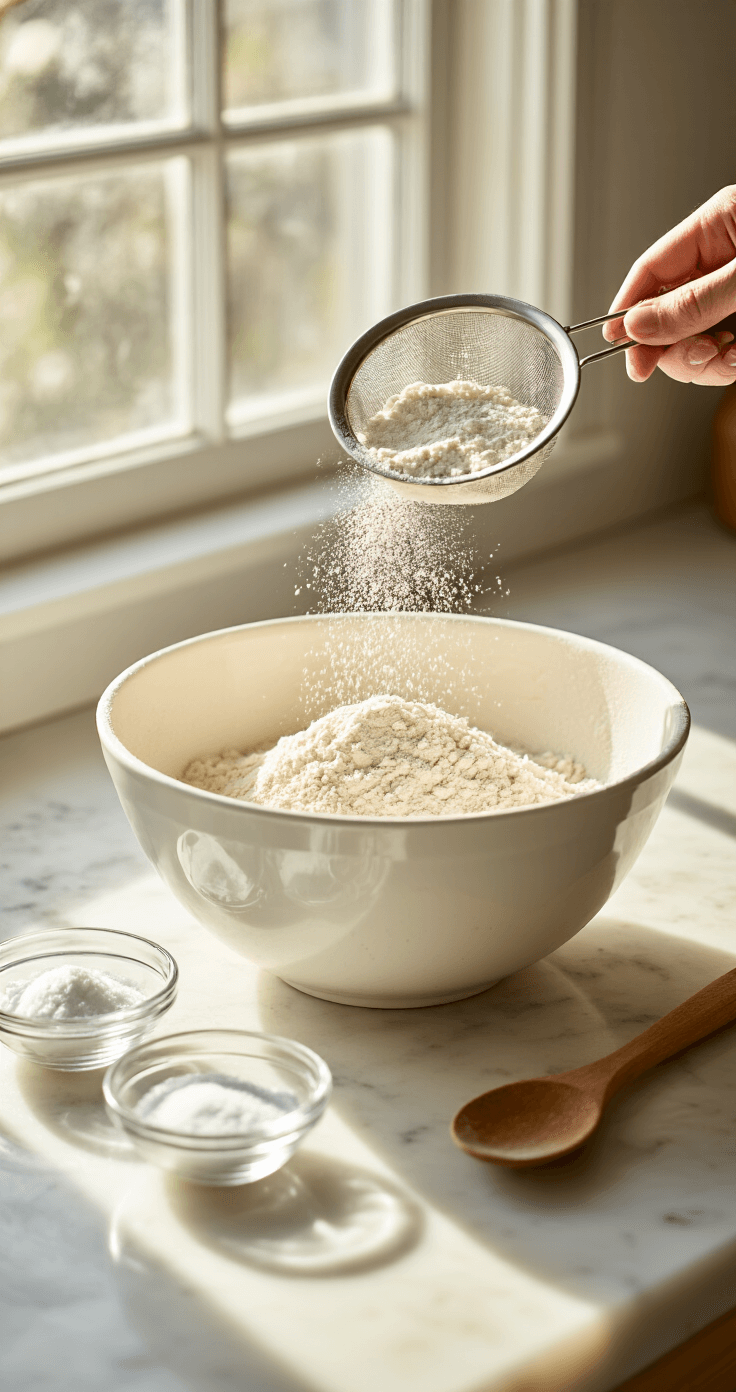 Cinematic overhead shot of a pristine white mixing bowl on a marble countertop, with golden flour cascading through a fine mesh sifter, morning sunlight casting soft shadows, small glass bowls of baking powder and salt nearby, and a rustic wooden spoon resting against the bowl rim, all bathed in warm ambient lighting.