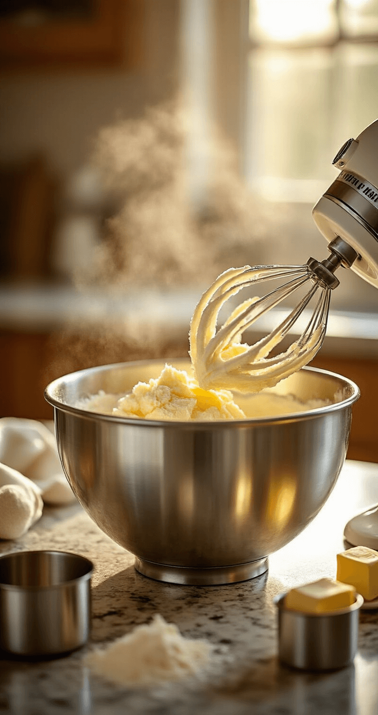 Close-up of a stand mixer bowl with a pale, fluffy mixture of butter and sugar clinging to the beaters, illuminated by golden hour light, with rising steam and a gleaming stainless steel bowl, surrounded by butter wrappers and measuring cups on a granite counter, highlighting its creamy texture.