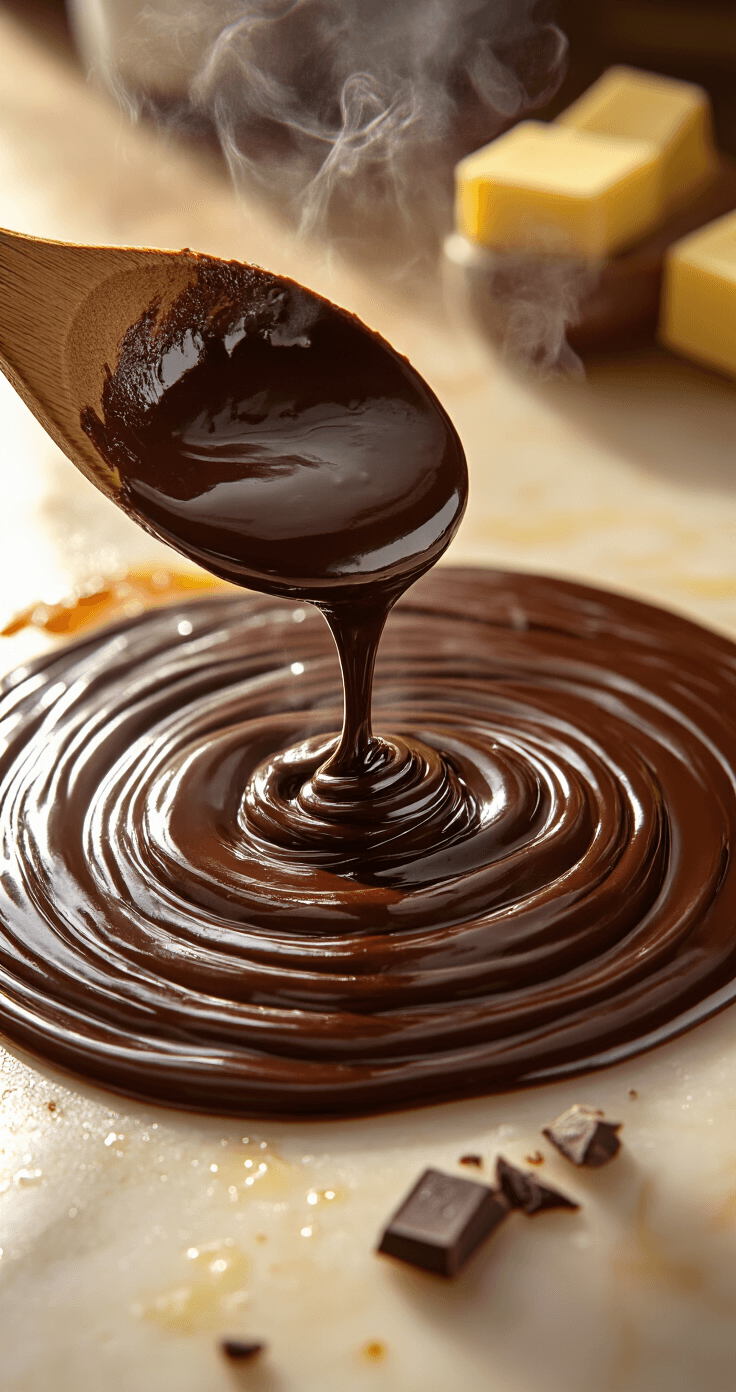 Cinematic close-up of molten chocolate ganache preparation, featuring glossy dark chocolate chunks dissolving in steaming heavy cream with golden butter melting at the edges, warm amber lighting casting dramatic shadows on a marble countertop, steam rising, and a wooden spoon creating silky swirls.
