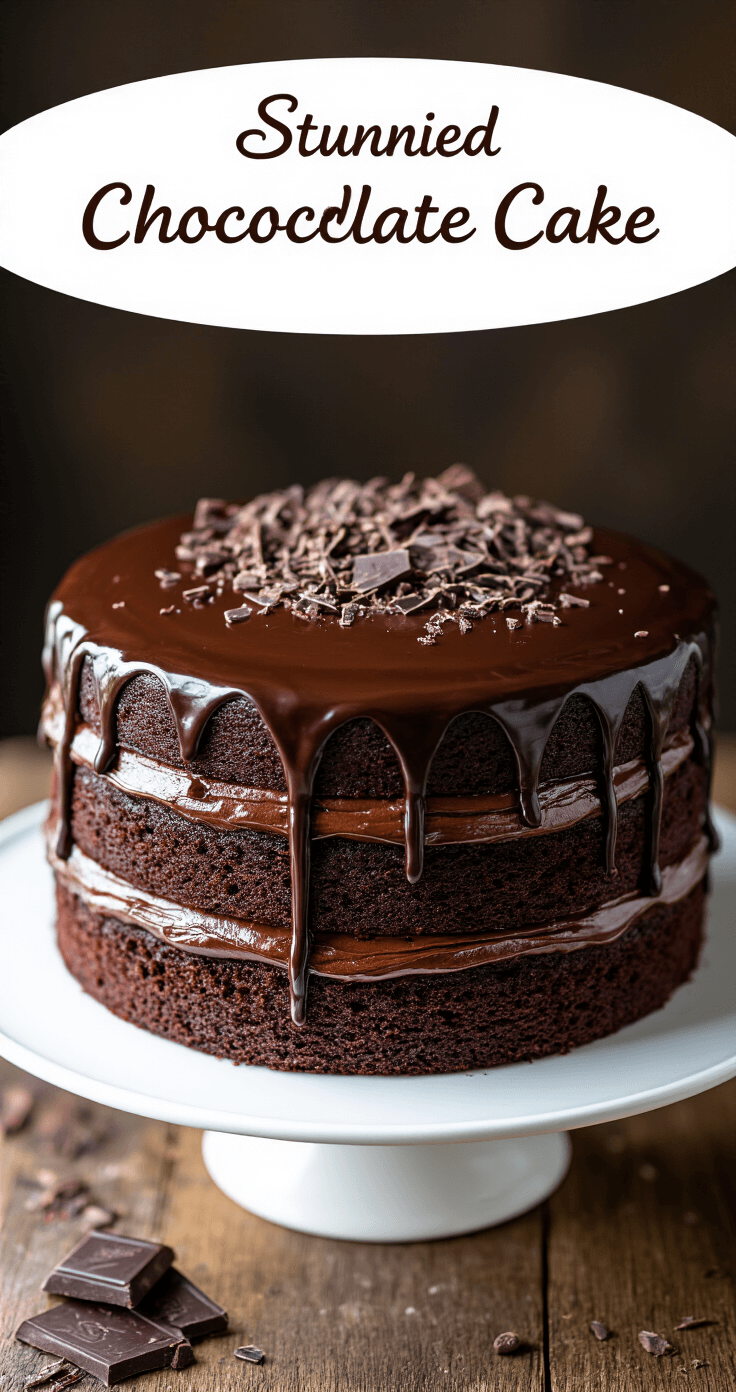Overhead view of a finished chocolate ganache cake on a white ceramic stand, featuring glossy ganache drips, visible cocoa layers, and chocolate shavings on a rustic wooden table under soft natural lighting.