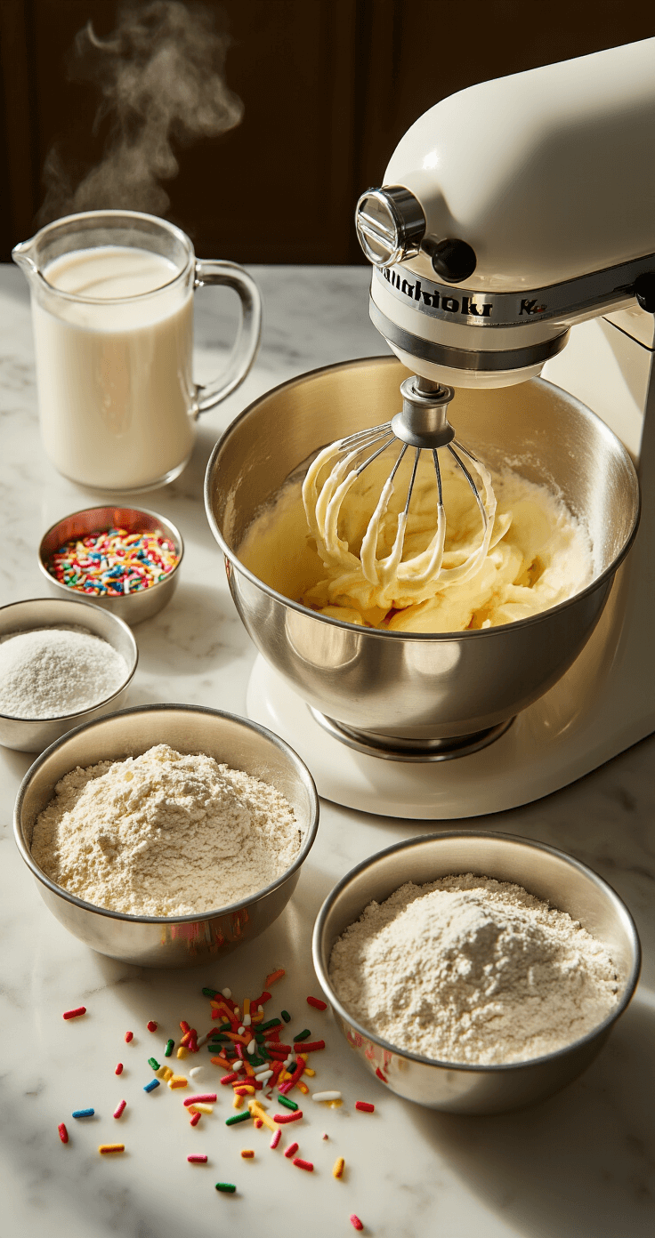 Cinematic overhead view of a pristine kitchen prep station featuring a stand mixer whipping creamy butter and sugar, scattered rainbow sprinkles, multiple stainless steel bowls of sifted flour and measured ingredients, steam rising from buttermilk, and warm golden light casting soft shadows across a marble countertop.