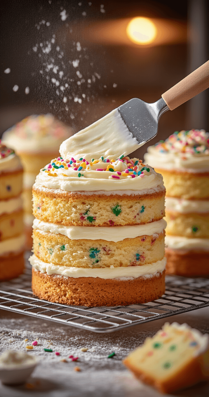 Dramatic close-up of three golden funfetti cake layers on wire racks with colorful sprinkles, an offset spatula smoothing white buttercream frosting, warm oven light in the background, and flour dust floating in the air.