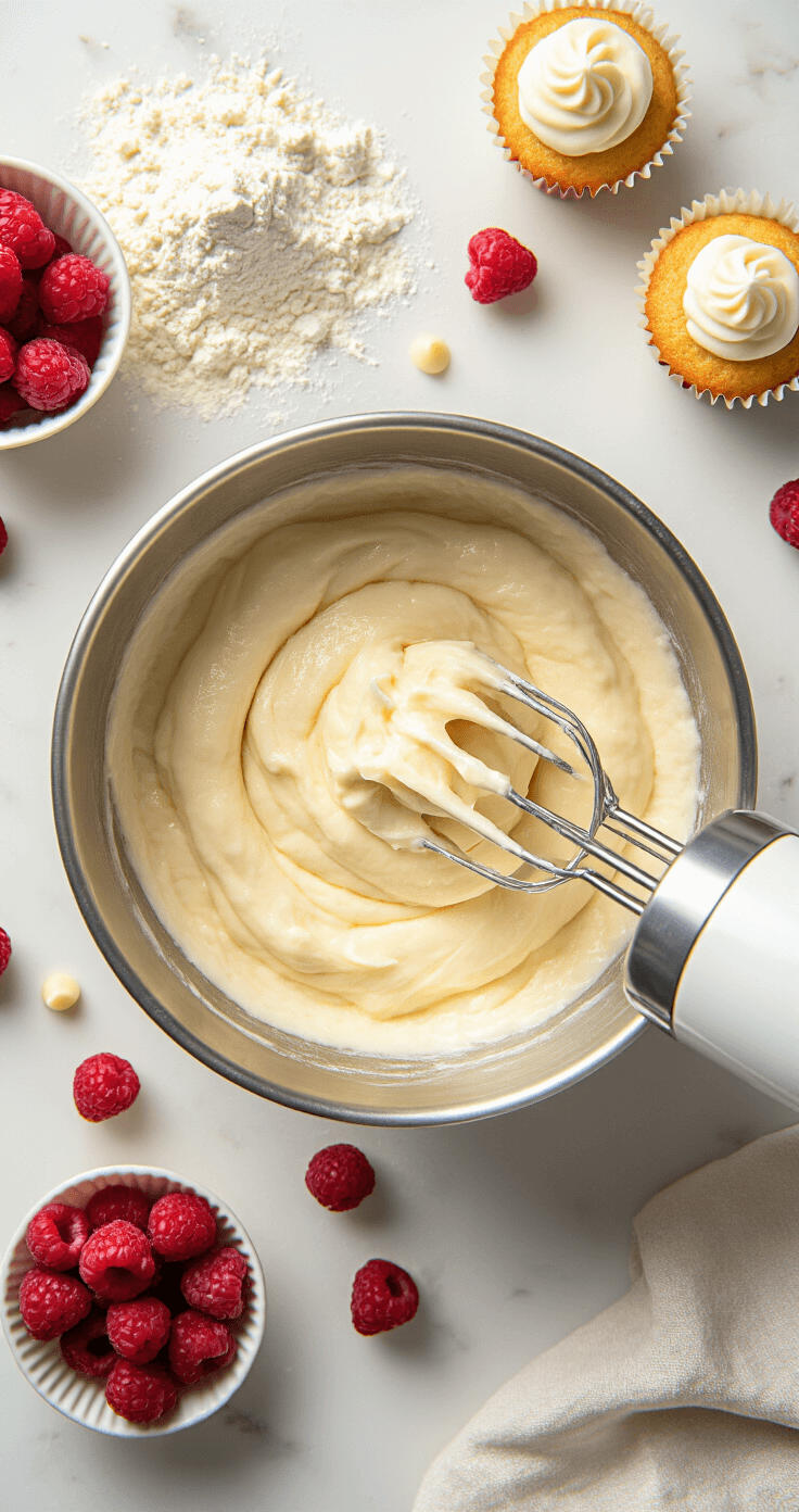 Cinematic overhead view of creamy batter being mixed in a steel bowl, with fresh raspberries and white chocolate chips on a marble countertop, warm kitchen lighting, flour dusting, and a vintage hand mixer.