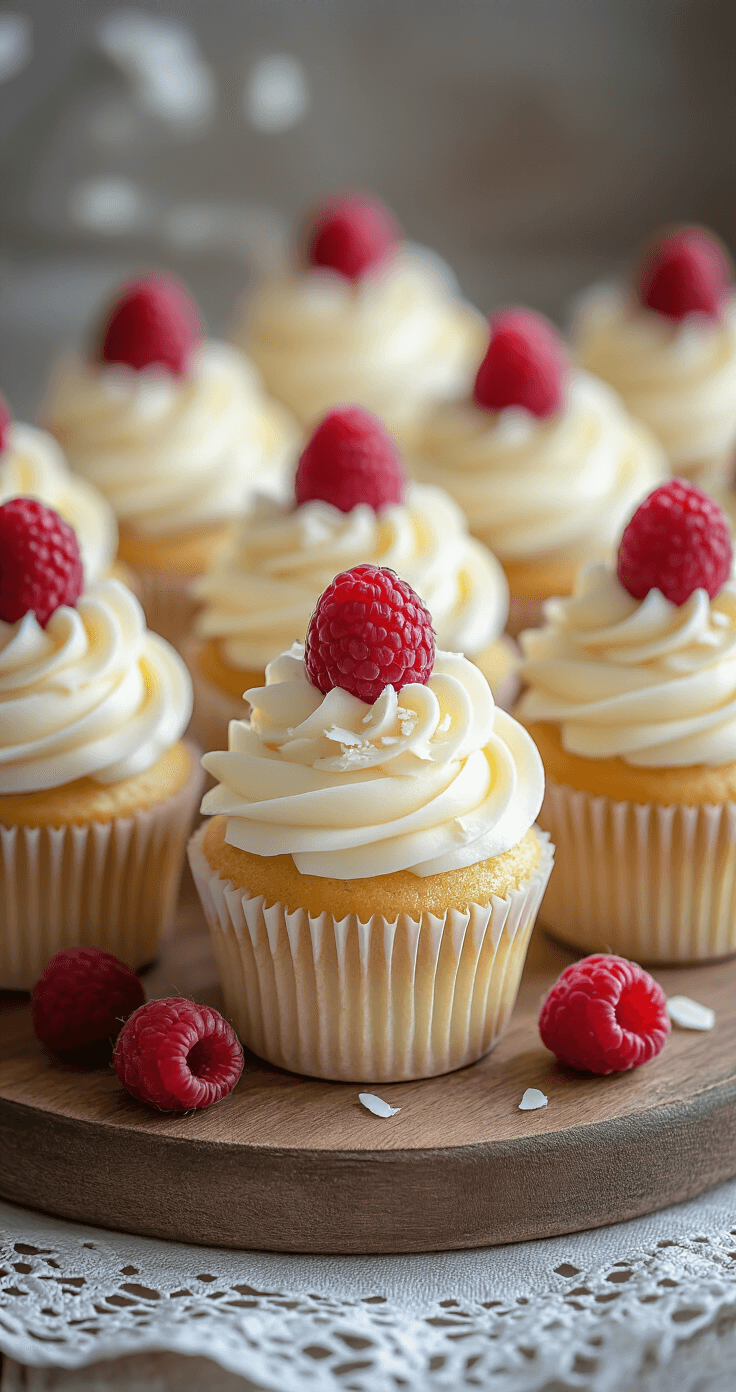 Luxurious close-up of elegantly piped white chocolate buttercream cupcakes adorned with fresh raspberries and white chocolate shavings, displayed on a rustic wooden board with soft natural light illuminating the scene.