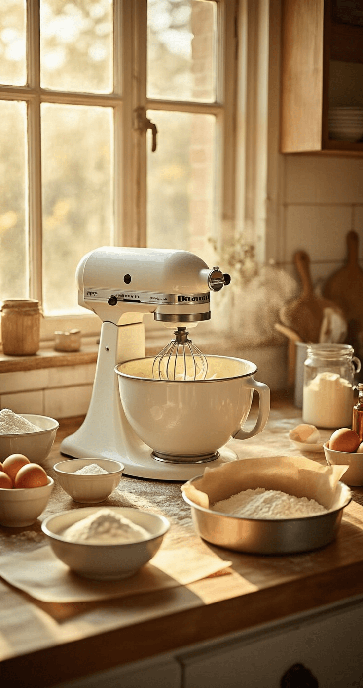 A rustic kitchen counter filled with baking ingredients, featuring a white stand mixer creaming butter and sugar, measuring cups of sifted flour, fresh eggs in ceramic bowls, and vanilla extract bottles, all illuminated by warm sunlight from vintage windows. Parchment paper and round cake pans are ready for use, creating a cozy baking atmosphere.