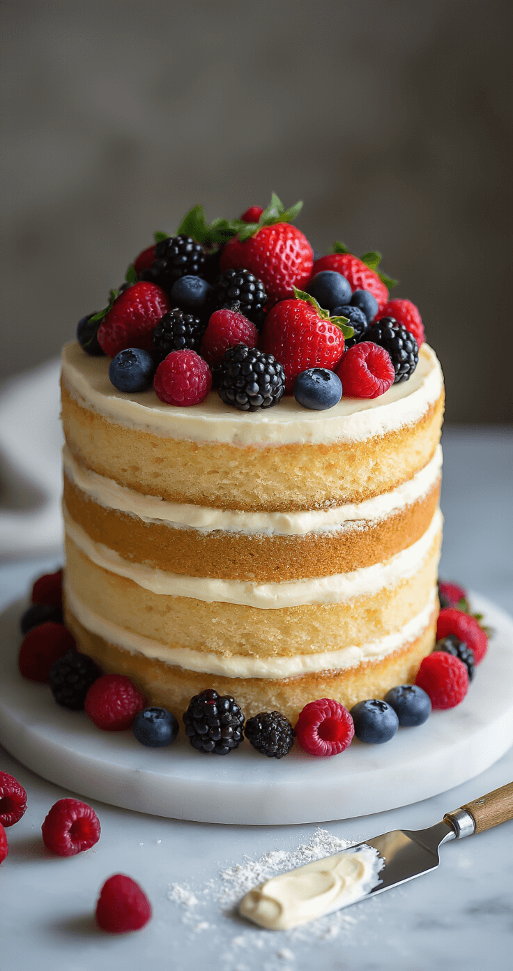 Artistic close-up of a naked cake on a marble turntable, showcasing layers of golden sponge and mascarpone cream, adorned with fresh strawberries, blackberries, raspberries, and blueberries, with a palette knife dusted with cream nearby.
