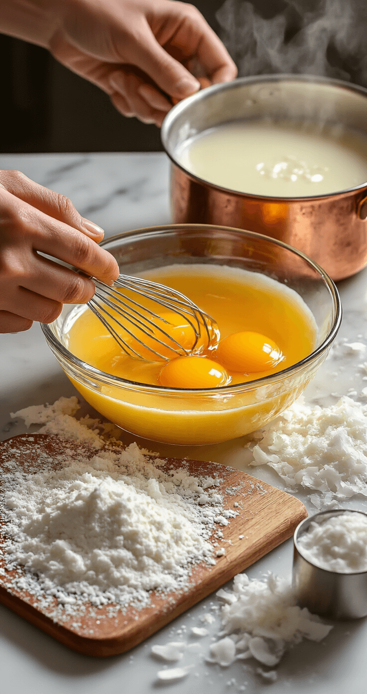 A close-up of hands whisking golden egg yolks in a glass bowl, with steam rising from a copper saucepan of simmering coconut milk nearby. The flour-dusted marble countertop has scattered cornstarch and sugar crystals that glisten like diamonds, while creamy coconut flakes spill from a measuring cup onto a dark wood cutting board.