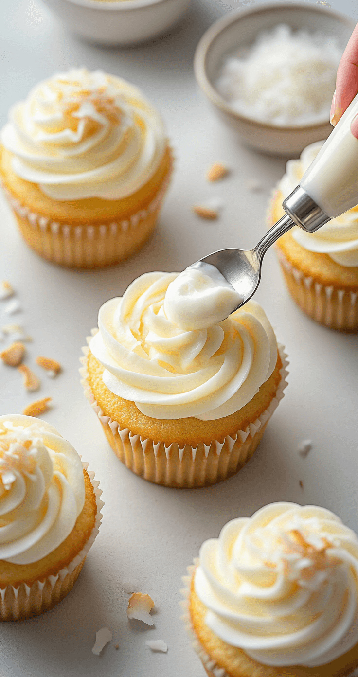 Elegant overhead shot of golden cupcakes being filled with coconut cream, with a piping bag of frosting and toasted coconut flakes nearby, all in soft natural lighting.