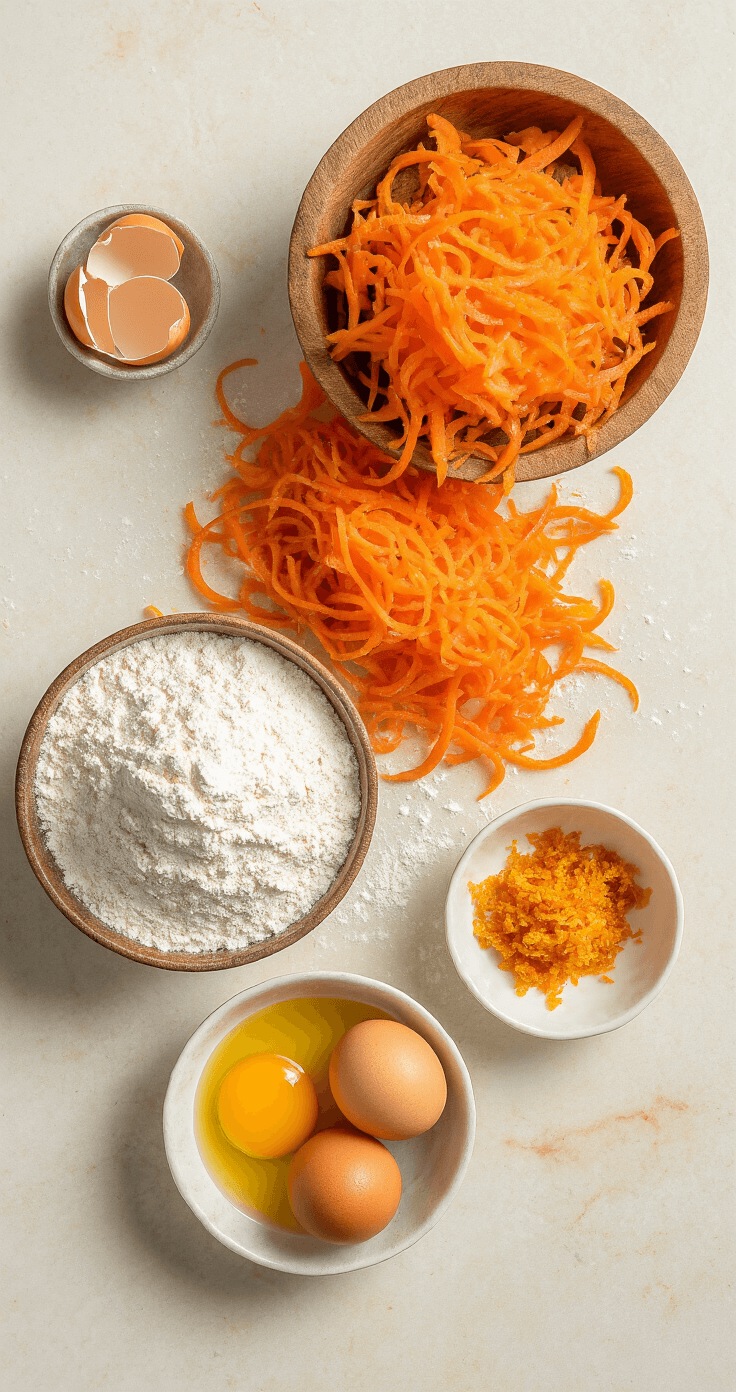 Carrot Cake with Orange Frosting: The Ultimate Moist and Zesty Dessert Overhead view of a rustic marble countertop adorned with carrot cake ingredients, including golden grated carrots, flour dusting, vibrant orange zest spirals, and eggs in ceramic bowls, all bathed in warm kitchen lighting.
