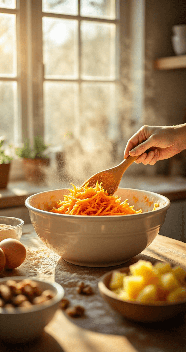 Carrot Cake with Orange Frosting: The Ultimate Moist and Zesty Dessert Hands folding grated carrots into cake batter in a large ceramic bowl, with flour particles illuminated by golden sunlight, while pineapple chunks and chopped walnuts sit nearby in a warm, cozy kitchen setting.