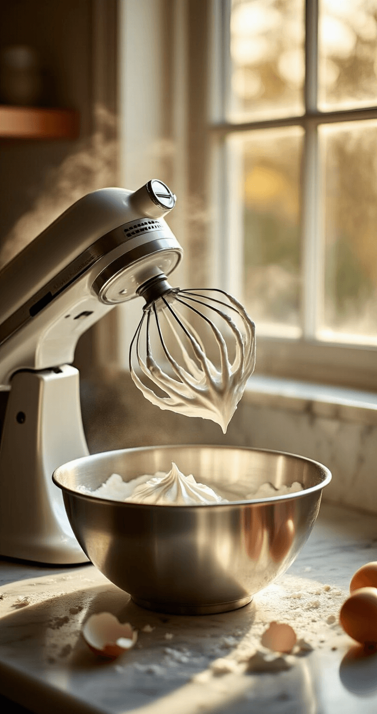 Cinematic close-up of glossy white meringue peaks being whipped in a stainless steel bowl, with golden light illuminating scattered eggshells and sugar crystals on a marble countertop in a warm, professional kitchen setting.