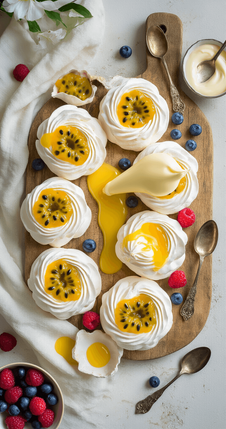 Elegant overhead view of delicate mini pavlova shells on a rustic wooden board, featuring piped cream, vibrant passionfruit pulp drizzling over meringue, scattered fresh berries, vintage spoons, and soft natural lighting.