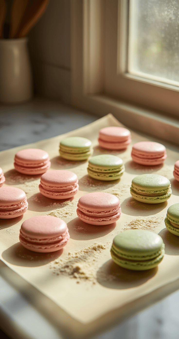 Close-up of piped macaron shells in pastel colors on parchment paper with golden hour lighting, set on a marble countertop dusted with almond flour, capturing a warm and clean professional bakery atmosphere.
