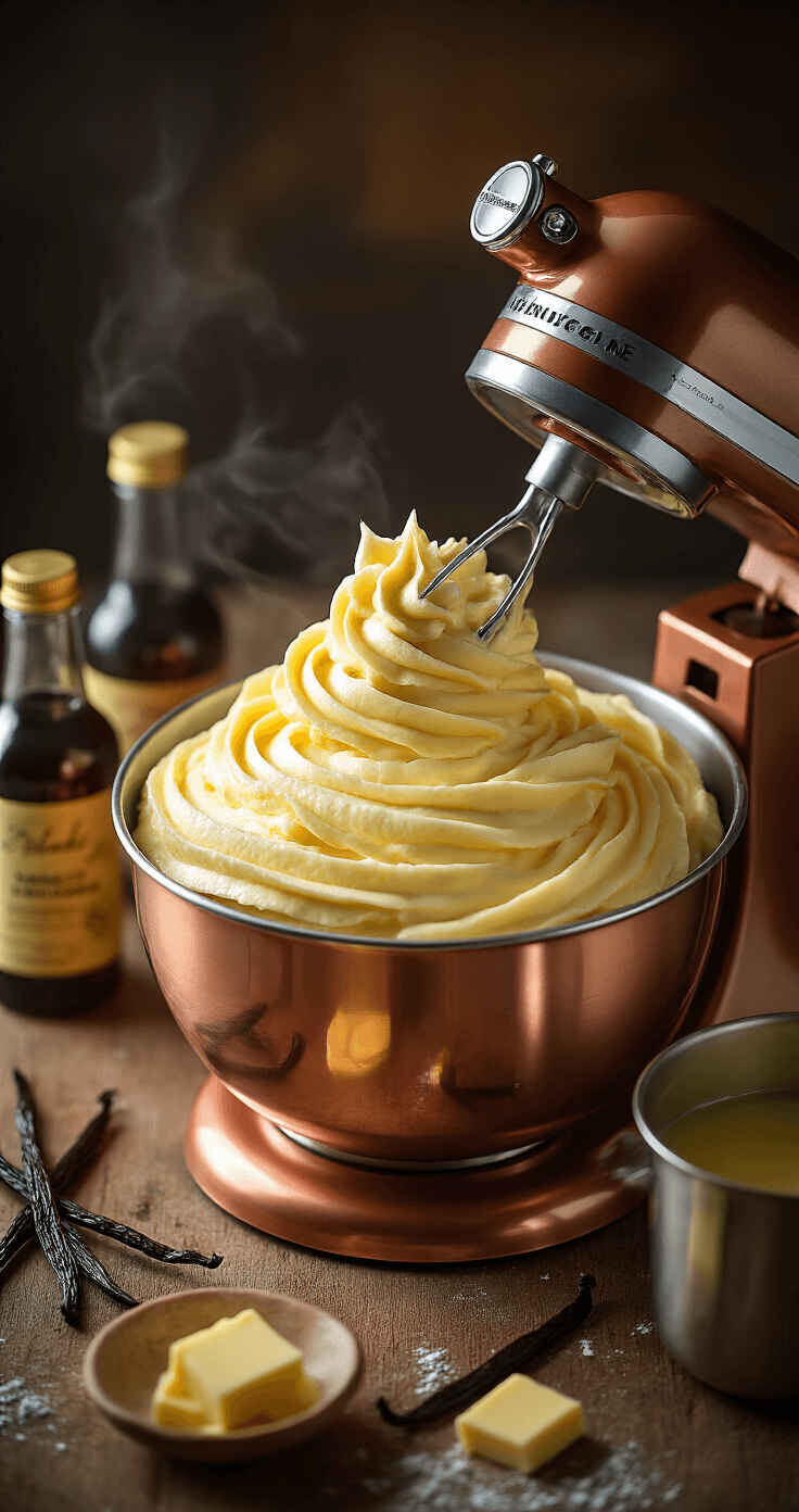 Overhead view of glossy Italian buttercream in a copper mixer bowl, illuminated by dramatic side lighting, surrounded by a wooden spoon, vanilla beans, colorful extract bottles, melting butter, and a pot of steaming sugar syrup, evoking a warm, artisanal kitchen atmosphere.