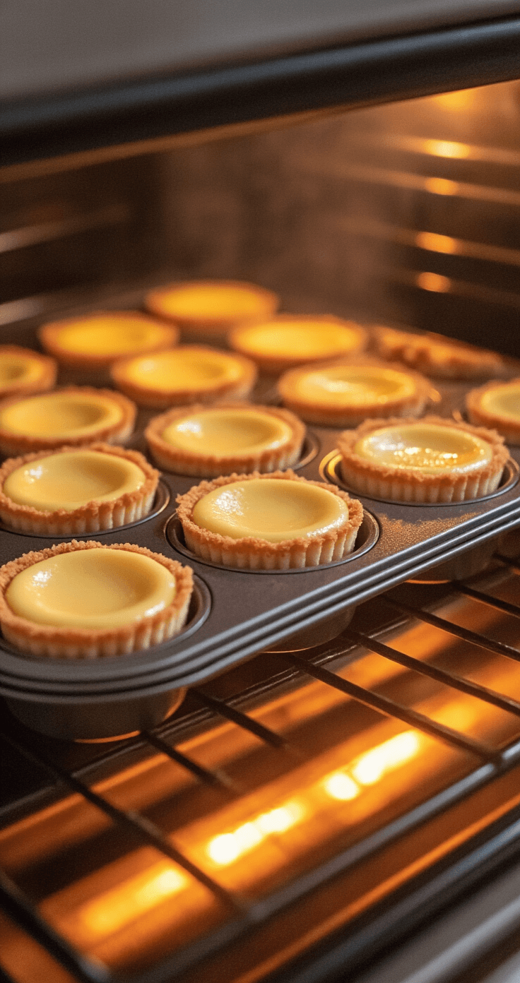 Mini Cheesecakes with Berry Topping Low-angle view of a muffin tin with unbaked mini cheesecakes in a preheated oven, warm orange glow from heating elements, visible graham cracker crusts, and steam rising in a cozy kitchen with soft natural lighting.