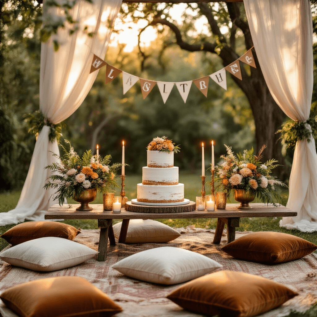 An intimate backyard celebration at golden hour featuring a low picnic setup with velvet cushions in earthy tones and white. A close-up reveals a three-tier jungle cake on rustic wood stands, surrounded by flickering candles in glass holders and cascading tropical florals from vintage brass vessels, with personalized safari banners against sheer ivory drapery, all illuminated by warm sunlight filtering through trees.