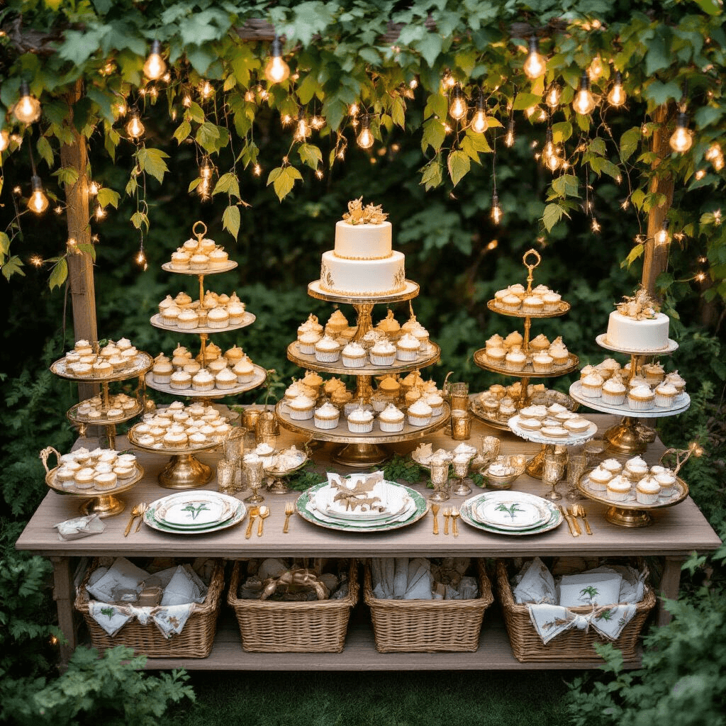 Overhead view of a whimsical garden party featuring a decorated dessert cart and tiered cake displays, surrounded by lush greenery, metallic gold accents on ceramic plates and glassware, twinkling fairy lights, and safari-themed place settings, all illuminated by the soft glow of dusk.