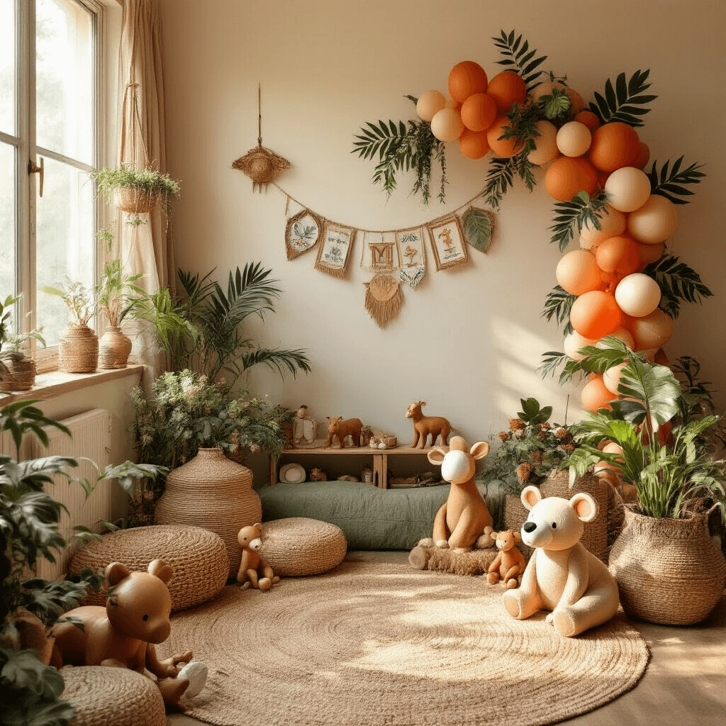 Cozy modern apartment corner with DIY jungle-themed decor featuring a photo booth with safari props, colorful balloon clusters, and warm morning light illuminating terracotta and sage textiles, wooden animal figurines, fresh plants, vintage brass accents, and personalized milestone banners.