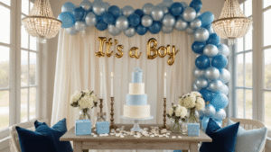 Overhead shot of an elegant baby boy celebration setup with baby blue and silver metallic balloons, an ivory silk backdrop, a rustic dessert table with a three-tiered vanilla cake, rose petals, and Mylar "It's a Boy" balloons, all illuminated by warm golden light from crystal chandeliers.