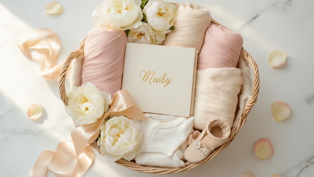 Cinematic overhead view of an elegant baby shower gift basket on a white marble surface, featuring pastel swaddle blankets, a personalized memory book, baby booties, organic cotton onesies, wooden teething toys, and fresh peonies, illuminated by warm golden hour light and accented with rose petals.