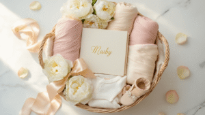 Cinematic overhead view of an elegant baby shower gift basket on a white marble surface, featuring pastel swaddle blankets, a personalized memory book, baby booties, organic cotton onesies, wooden teething toys, and fresh peonies, illuminated by warm golden hour light and accented with rose petals.