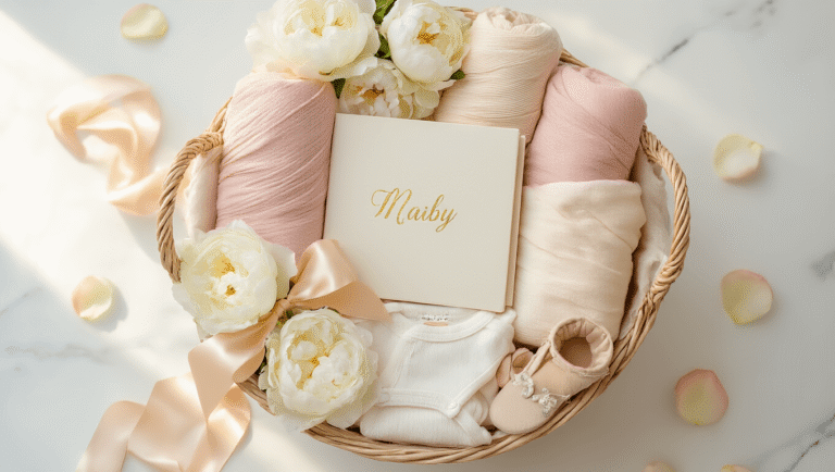 Cinematic overhead view of an elegant baby shower gift basket on a white marble surface, featuring pastel swaddle blankets, a personalized memory book, baby booties, organic cotton onesies, wooden teething toys, and fresh peonies, illuminated by warm golden hour light and accented with rose petals.