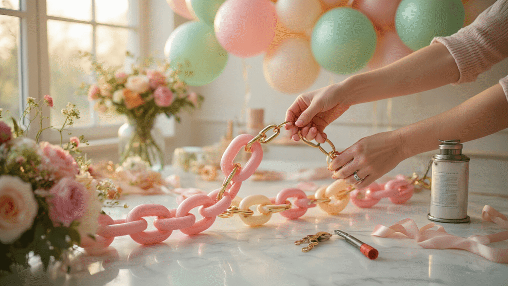 Cinematic close-up of colorful linked balloons in blush pink, cream, and sage green with metallic accents, as hands connect them into elegant chains on a white marble surface, with an electric pump, tie tools, and fresh florals scattered around, all under warm golden hour lighting.